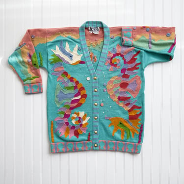 Berek sweater 90s vintage colorful seahorse fish novelty print hand knit cardigan 