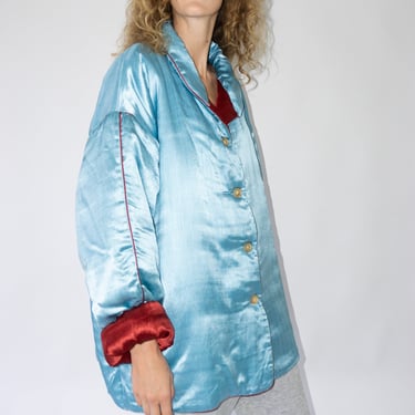 Puffy Silk Mid Coat in Pale Blue Maroon