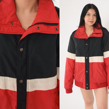 Vintage Color Block Puffer Jacket Ski Jacket Red Black White 80s Striped Puffy Coat Winter Coat 1980s Puff Jacket Zip Up Large 