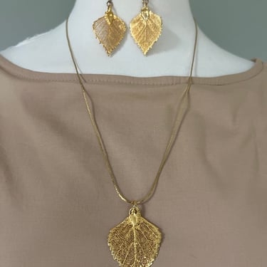 Vintage 24ct Gold Dipped Aspen Leaf Pendant Necklace Leaves Earrings Jewelry 
