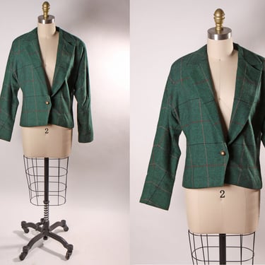1980s Green and Black Plaid Long Sleeve Button Up Blazer Jacket -L 