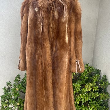 Vintage 70s fur long coat suede ties bronze brown Sz S/M 