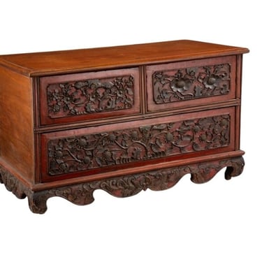 Antique Indonesian Madurese Javanese Chinoiserie Red Lacquered Carved Wood Wedding Chest - Low Chest Of Drawers Blanket Chest Coffee Table 