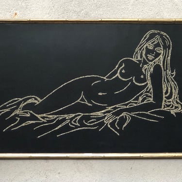 Reclining Nude Wall Hanging, Gold Thread on Black, Gold Faux Bamboo Wood Frame 