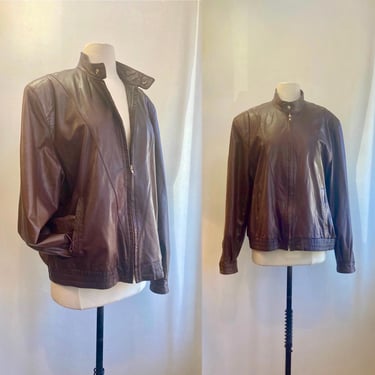 Vintage 80s Brown Leather BOMBER Moto Jacket / BRASS Stud Detail / Slouchy Fit / Snap + Zip Cuffs  / Pockets / Philippe Monet 