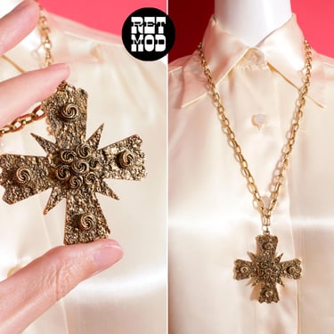 Lovely Vintage 70s Gold Maltese Cross Pendant Necklace 