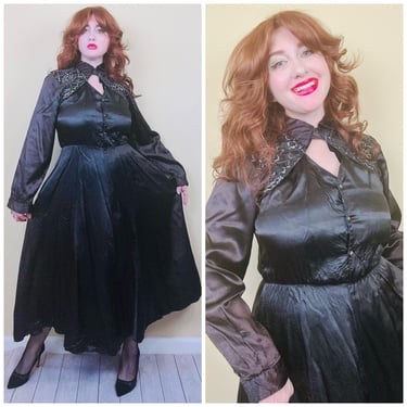1980s Vintage Circle T By Marilyn Lenox Wet Look Western Dress / 80s / Black Lace / Acetate Silk Cut Out Dress / Medium 