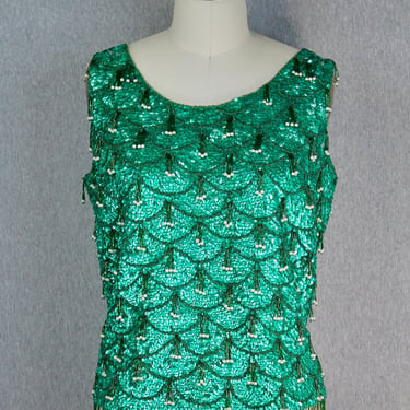 1960s Green Beaded Top by Peter Chow - Beaded Sweater - Sequin Party Top - Cocktail Party - Mardi Gras 
