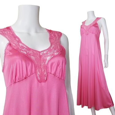 Vintage Pink Lace Nightgown, Medium Petite / Vanity Fair Vintage Lingerie / Silky Long Nylon Nightgown 