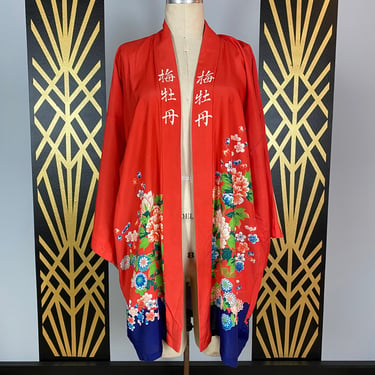 vintage kimono, cropped robe, flapper style, japanese robe, orange rayon, loungewear, dressing gown, medium, summer jacket, housecoat, mums 