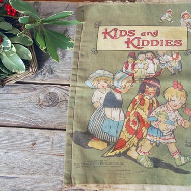 Antique linen story book /  1900s fabric children's book / vintage linen child book / collectable cloth book / Kids and Kiddies of the World 