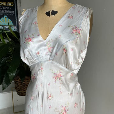 1930s Bias Cut Pale Blue Satin Floral Print Nightgown Tieback Sleeveless 42 Bust Vintage 