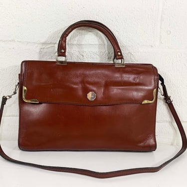 Vintage Handbag Bag Leather 1970s 1960s Shoulder Purse Satchel Brown Gold Leather Structured Evening Minimalist Minimal 