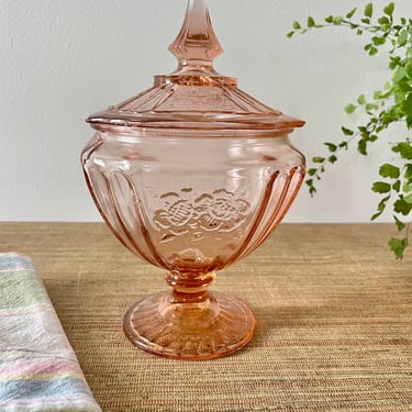 Vintage Pink Depression Glass Jar with Lid - Mayfair Pink Candy Jar - Open Rose Pattern - Cookie Jar - Pink Pedestal Jar with Lid 