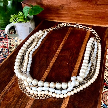 Multi Strand Faux Pearl Chain Necklace Collar Statement Jewelry Vintage Retro Style 