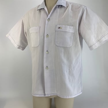 1950's Cotton Shirt - CLASSIC CASUALS - Embroidered Pocket Crest - Italian Rolled Loop Collar - Light Grayish Lavender Color - Men's Large 