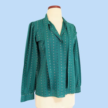 Vintage 80s Teal Geometric Print Silky Blouse, 1980s Colorful Long Sleeve Pussy Bow Tie Button Down Shirt 