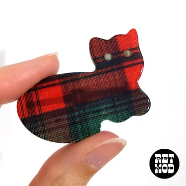 Cute Vintage Red Plaid Cat Brooch with Rhinestone Eyes 