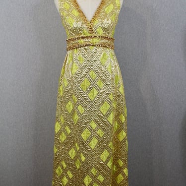 1960s DYNASTY Evening Gown - Chartreuse and Gold -  Damask Cocktail Dress - Hollywood Regency - Formal - Vintage Dynasty 
