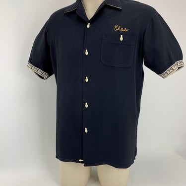 RARE >50'S Bowling Shirt - BLACK Rayon Gabardine - Bowling Pin Buttons - Knit Strike Details - Chainstitch Embroidery - Loop Collar - Medium 