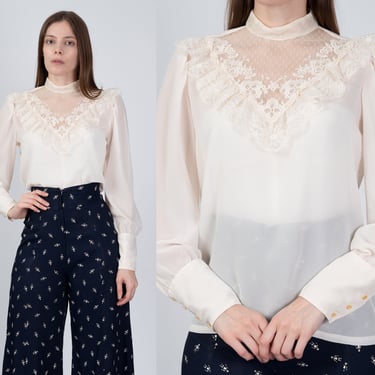 70s Does Victorian Ivory Lace Trim Blouse - Medium | Vintage Sheer Long Sleeve Boho High Collar Top 