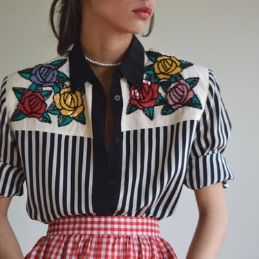 silk collared rose sequin blouse 