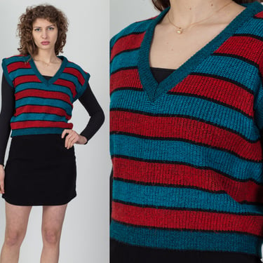 80s Red & Blue Striped Knit Top - Medium | Vintage V Neck Oversized Cap Sleeve Sweater Vest 