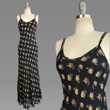 Betsey Johnson Dress / 1990s Betsey Johnson Dress / Bias Cut Chiffon Slip Dress / Floral Maxi Dress / Size Small 