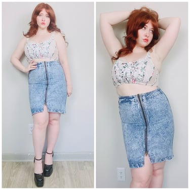 1980s Vintage Prezzia Acid Wash Jean Skirt / 80s High Waisted Zipper Zip Front Denim Mini Skirt / Large 