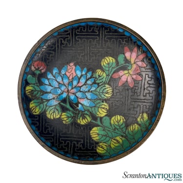 Vintage Chinese Black Cloisonne Brass & Enamel Floral Motif Plate