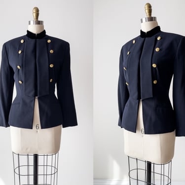 navy wool jacket | 90s vintage DKNY dark academia military style dark blue wool nipped waist blazer 