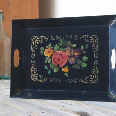 Vintage painted tray with flowers / vintage metal tole tray / cottagecore decor / shabby chic floral tray / French country tray with flowers 