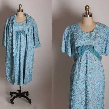 Early 1960s Blue Soutache Lace Short Sleeve Formal Blue Velvet Bow Dress with Matching 3/4 Length Sleeve Jacket -XL 