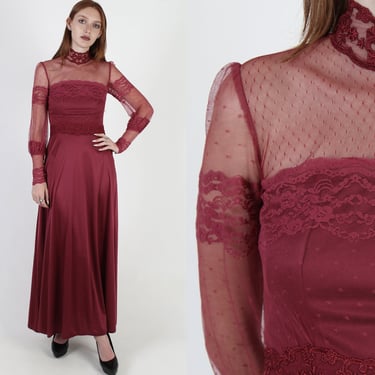 Burgundy High Collar Lace Dress / Vintage 70s Maroon Antique Dress /  Mockneck Old Fashion Long Dress / Tea Party Maxi Dress 