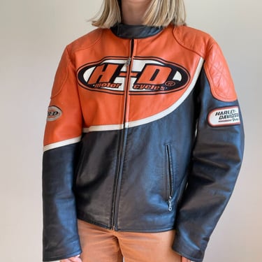 Harley Davidson Orange Black 100% Leather Motorcycle Biker Full Zip Jacket Sz L 
