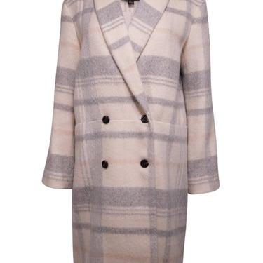 Ann Taylor - Cream & Grey Plaid Shawl Collar Double Breasted Coat Sz S
