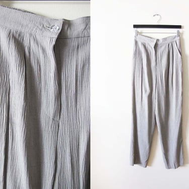 Vintage 90s Crinkle Texture Wrinkle Pants 28  - 1990s Neutral Gray Casual Plisse Trouser Pants - Minimalist Clothing 