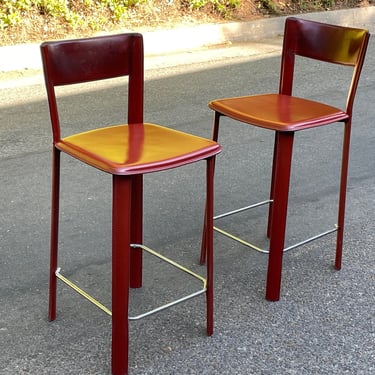 Pair of Red Leather Italian Barstools by Frag - Circa 1980s 