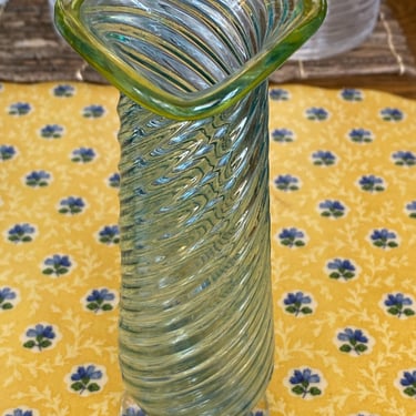 Handblown Tracy Glover Studio Art Glass Footed Cone Vase - Heart Top Twisted  Glasswork - Aqua Blue to Lime Green 7” Inch Flower Vase 
