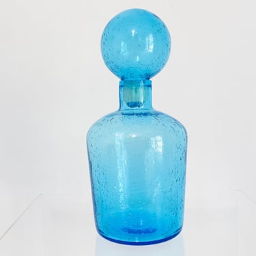 Vintage 1970s MID Century Modern Blue Art Glass Bubble Ball Stopper Bottle Decanter 