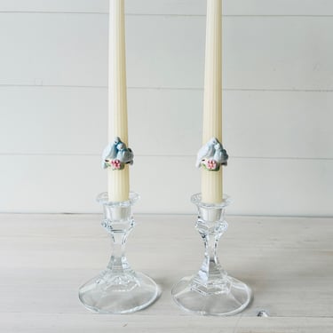 1980's Indiana Glass Clear Candlestick Holder Pair With Vintage Avon Candles & Lovebird Ceramic Huggers 