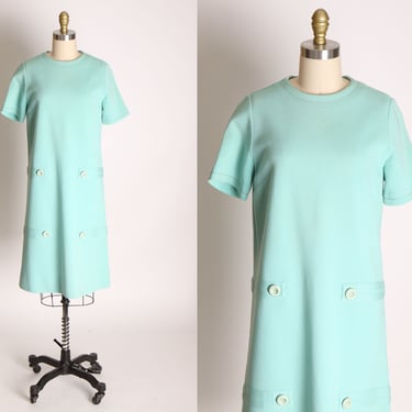 1960s Light Blue Short Sleeve Button Detail Wool Shift Dress by Kimberly for Woolf Brothers -S 