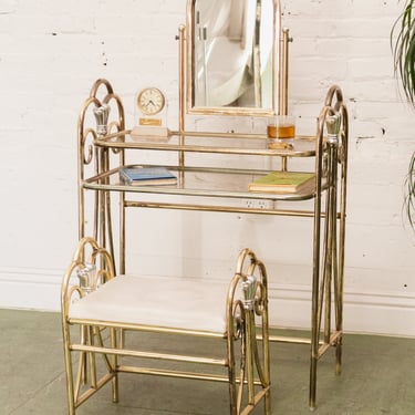 Vintage Brass and Glass Dressing Table with Matching Stool