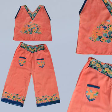 Rare 1920s Beach Pajamas / 20s 30s Cotton Pants Blouse Set / Salmon PINK Sportswear 