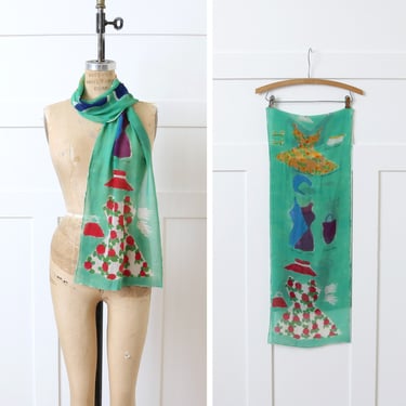 hand painted silk chiffon green scarf • Robin DeVick vintage dress & bathing suit artisan scarf 
