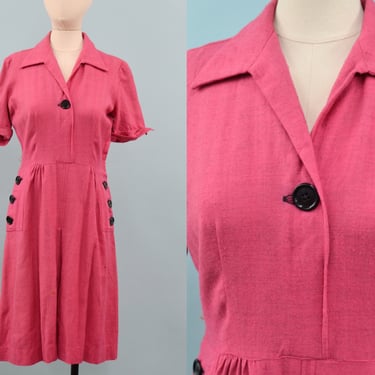 1940s Pink Monty James Wool Dress, WW2 Era Dress, 40s Everyday Dress, Size Medium by Mo