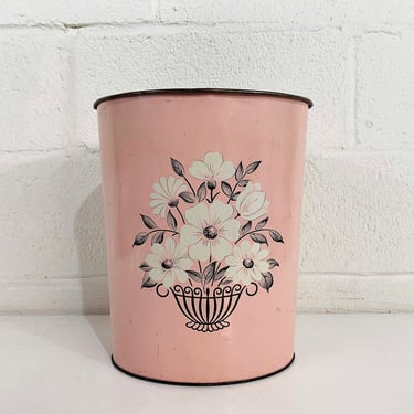 Vintage Floral Trash Can Metal Basket Waste 1950s 50s Tin Litho Decoware MCM Flowers Made in USA Boho Indie Romantic Bohemian 