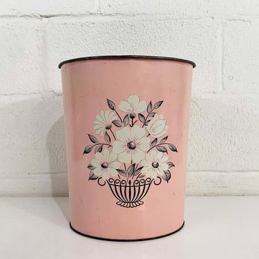 Vintage Floral Trash Can Metal Basket Waste 1950s 50s Tin