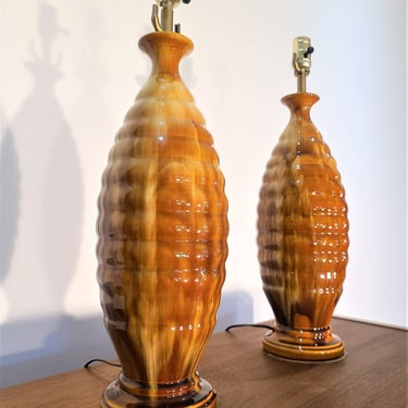 Mid Century Pair of Ceramic Glazed Beehive Table Lamps 