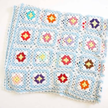Vintage 70s Granny Square Throw Blanket 61x54 - 1970s Multicolor Blue Crochet Afghan Throw - Vintage Knit Blanket - Boho Geometric Blanket 